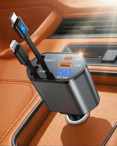 MimAuto 4 in 1 Retractable Car Charger, USB C Fast Charging Adapter, Gray