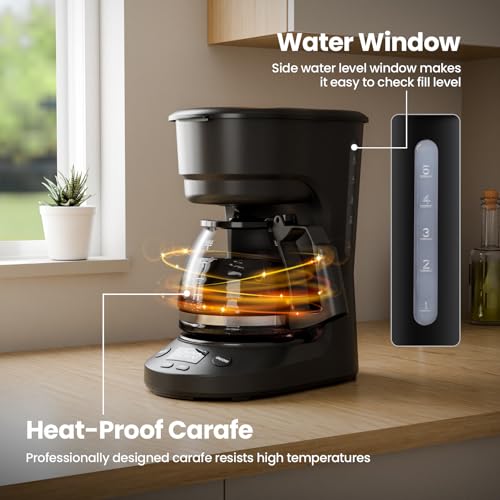 Image of Kismile 5-Cup Drip Coffee Machine with LED Display, Small Coffee Maker with Anti-Drip, Timer, Auto Shut-Off, Dry-Boil Protection, Removable Funnel, Compact, Ideal for Home & Office (Black)