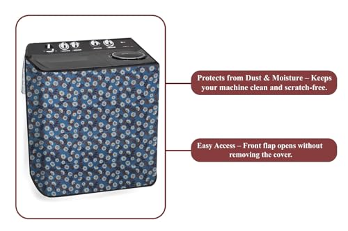 Image of The Furnishing Tree Polyester Waterproof Semi Automatic Washing Machine Cover Suitable for LG 9 Kg, 9.5 Kg & 10 Kg, Dimension DxWxH In Cms: ( 53.3x89x99 ), Floral Pattern Blueish Grey