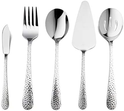 5-Piece Hammered Serving Set, HaWare Stainless Steel Spoon/Fork/Pie Server for Home Resturant Hotel, Mirror Polished and Dishwasher Safe