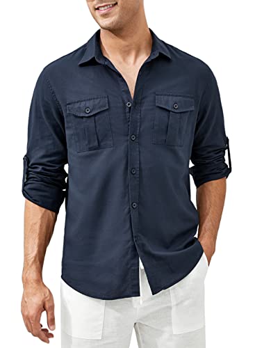 Jmierr Men's Linen Button Down Shirt - Casual Stylish 3/4 Sleeve Dress Shirts With 2 Flap Pockets, Us 37.5(S), A Blue #TOP25