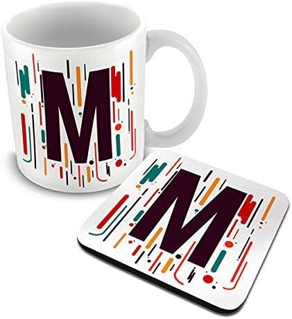 alDivo Alphabet Designed Letter M Printed Combo Gift Pack of Ceramic Coffee Mug 330 ml + Printed Coaster
