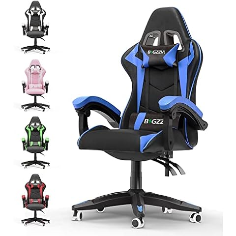 Bigzzia Gaming Chair, Ergonomic Game Chair for Adults, Reclining Racing Chair with Headrest and Lumbar Support, Height Adjustable, Swivel Rolling Game Chairs for Computer/Video (Black/Blue) Cover