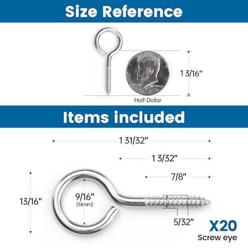 Muzata MZZ1061 20Pack 2.0Inch M4 Screw Eye Hook Wood Screws Metal Hook T316 Stainless Steel thumb #1