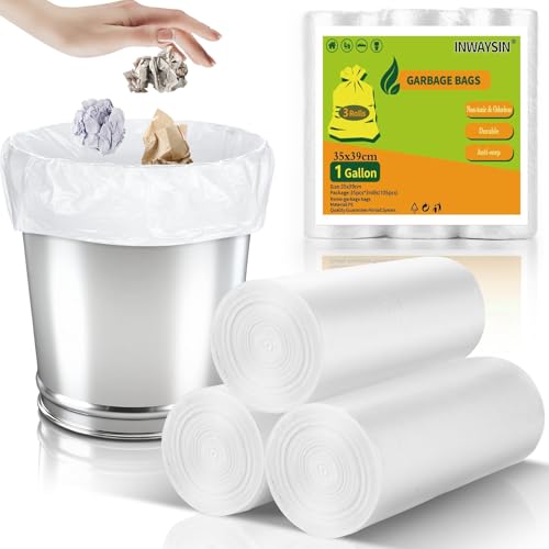 1 Gallon Small Trash Bags - 3 Rolls 105 Count Clear White 1 Gallon Garbage Bag Strong Leakage-Free Unscented Thick Plastic Wastebasket Liners for Bathroom Office Kitchen Inwaysin