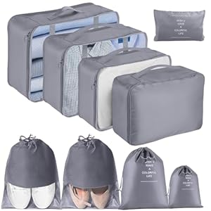 Packing Cubes for Suitcases, MOFELON 9 PCS Packing Cubes for Backpack, Waterproof Luggage Suitcase Organiser Bags, Travel Essentials Bag for Clothes Shoes,Travel Accessories -GREY