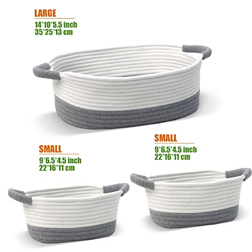 Twira 3-Piece Small Woven Basket, Baby Toy Storage Basket, Cute White Rope Basket For Diapers, Towels, Snacks, Dog & Cat Toy Box With Handle, Empty Decorative Gift Basket For Bedroom, Nursery (White ＆ Grey) #TOP1