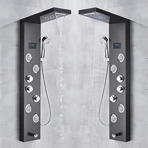 Rozin Black New LED Light Watefall Rainfall Shower Panel Faucet Wall Mount Bathroom Three Handles Shower Tower with Massage Jets and Hand Sprayer Head