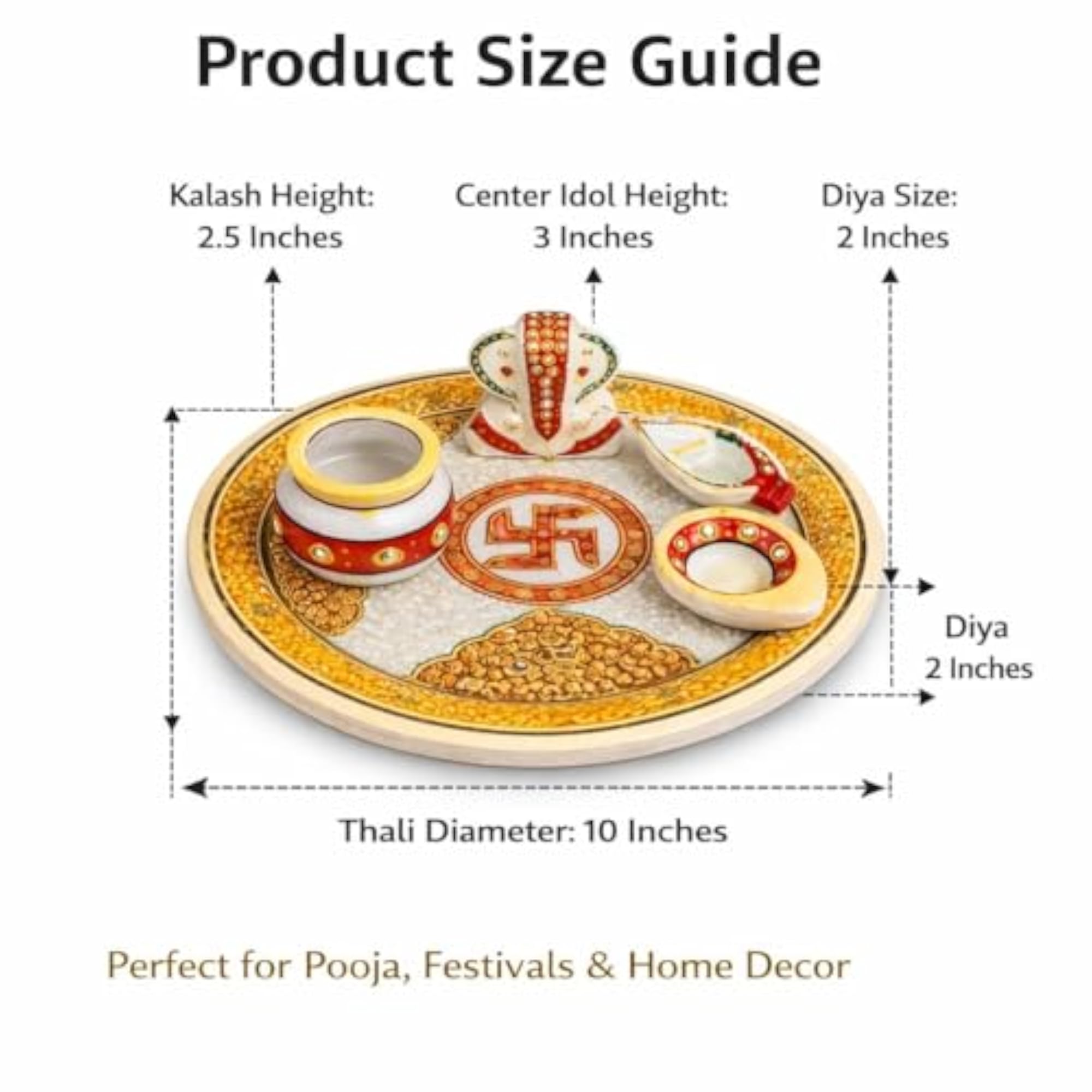 6-Inch Marble Pooja Thali Set with Ganesha, Kalash & Diya