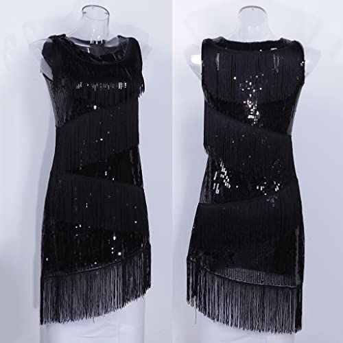 kowaku Vestido feminino de dança com franjas e lantejoulas, Preto, M