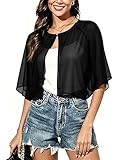 Vossmi Chales y Envolturas para Vestido Elegante Capa de Gasa Ligera Verano Mujer Elegante Fiesta Capa Suave ChifóN Chale de Gasa Mesh Poncho con Manga Media Negro
