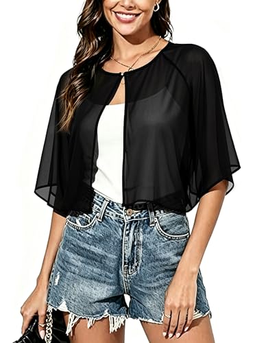 Vossmi Elégant Boléros sans Manche Femme Bolero et ChâLe pour Robe Transparent Veste Court en Mousseline Tops pour Robe Bretelle Mariage Noir