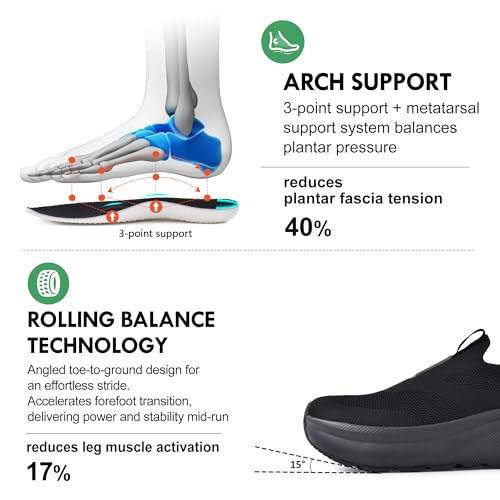 JACKSHIBO Mens Slip in Free up Hands Shoes Wide Toe Box Arch Support Fashion Trainers Orthopedic Walking Sneakers Cushioned Thick Zero Drop Sole Metatarsal Pads Black Size 7 - Image 3