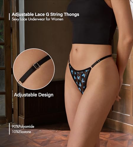 Image of SHARICCA Lace G-String Thongs for Women Adjustable Sexy Low Rise Underwear Breathable T-back Thongs Panties 3 Pack