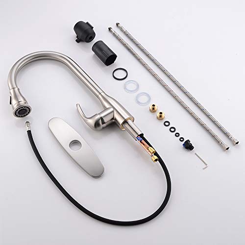 Hotis Commercial Pull Out Single Handle Stainless Steel Pull Down Sprayer Kitchen Sink Faucet, Brushed Nickel Kitchen Faucet with Plate