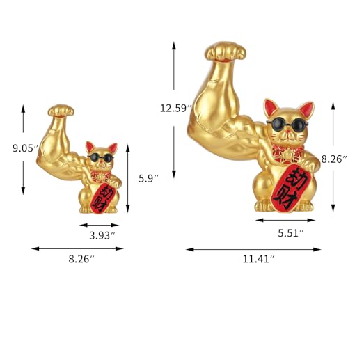 Estatua Gato de la Suerte Grande con Brazo Musculoso Dorado miniatura 3