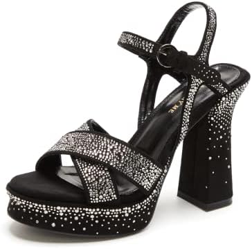 JIUHANG RHY ME Women's Platform Open Toe Ankle Strap Chunky High Heel Sandals Round Toe Heeled Wedding Party Summer Dress Shoes Black，8