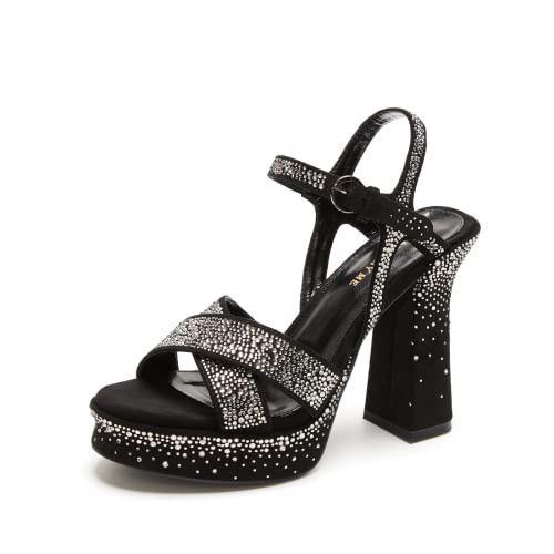 Jiuhang Rhy Me Women's Platform Open Toe Ankle Strap Chunky High Heel Sandals Round Toe Heeled Wedding Party Summer Dress Shoes Black，8 #TOP18