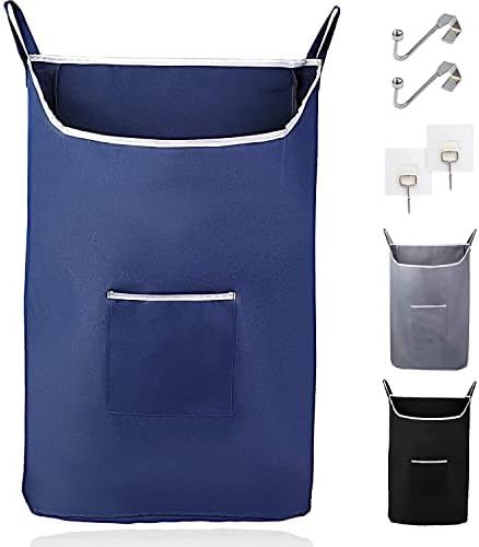 The Fine Living Co. X-Large Hanging Laundry Hamper with Over Door Hooks & Adhesive, Durable Space Saving Laundry Bag with Zipper and Wide Open Top, Hanging Dorm Laundry Hamper 20"x3.38"x30" (Navy Blue-XL)