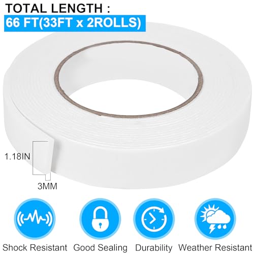 Image of Double Sided Foam Tape 1.18In x 33FT 2 Pack, Mounting Tape Heavy Duty, Strong Adhesive Weatherproof Seal Strips for DIY Craft Picture Poster, Car & Gap Filling Mountings, Home Office Decor (White)
