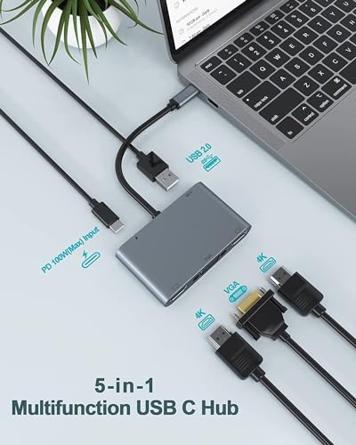 Image of USB HUB USB C Hub Multiport Adapter 5 in 1, USB C Dongle to 2 4K HDMI, VGA, USB C with 100W PD and USB A Docking Station for iOS and USB C Laptop Tablet PC (USB Type C to 5 in 1 Dual HDMI HUB)