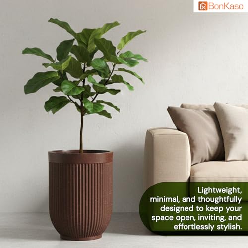 Image of Bonkaso 24 Inch Burj Khalifa Ribbed Planter for Indoor & Outdoor Use | Round Heavy Duty Polymer Flower Pot | Lightweight Weather Resistant Modern Gamla for Living Room Balcony & Terrace (Brown)