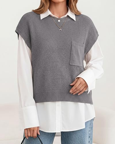 KIRUNDO Summer Fall Short Sleeve Sweater for Women 2026 Casual Sweater Vest Cotton Knit Pullover Tank Tops Fashion Clothing(Grey, X-Small) — view 5