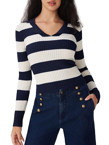 CIDER Womens 2025 Fall V Neck Long Sleeve Striped Sweater Slim Fitted Ribbed Knit Casual Pullover Polo Sweater4