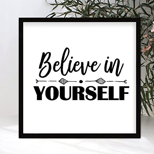 Chic Style Framed Wood Sign With Inspirational Quotes Believe In Yourself Wall Mounted Black Frame Wooden Plaque For Office Cafe Bar Farmhouse Porch Garden Yard Cafe Bar Cottage Wall Decor 12X12In #TOP16