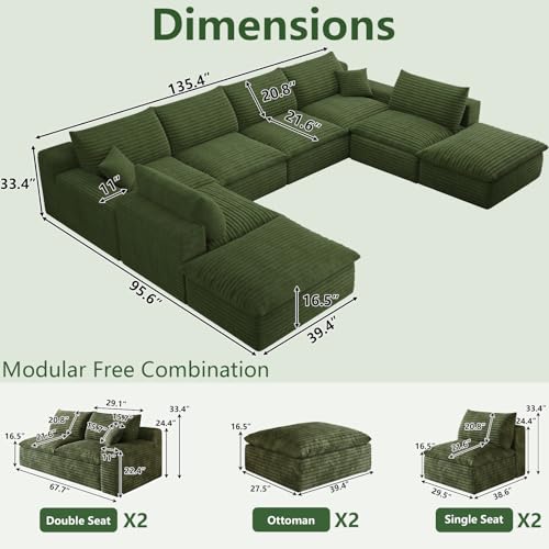 Image of 136 inch Cloud Couch Modular Sectional Sofa for Living Room, U-Shape Boneless Couch with Deep Seat, Modern Corduroy 6-Seater with Ottomans, No Assembly Required, Green