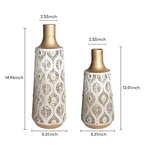 Gold Metal Vase Set Of 2, 15 Inch Tall Floor Vase, Rustic Large Flower Vase With Openwork Design For Home Decor, Handmade Gifts Idea #TOP1