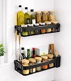 Spice Rack Wall Mount, Adhesive No Drill Wall Mounted Spice Rack for Kitchen & Pantry, 2 Pack Plastic Organizer with Metal Base and Hooks, Renter Friendly