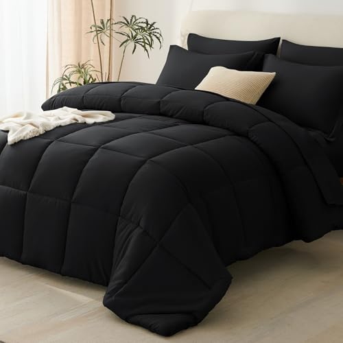 CozyLux Queen Comforter Set Black – 7 Pieces Bed in a Bag Queen, All Season Soft Bedding Set, Oeko-Tex Certified Bed Set with Down Alternative Comforter, Sheets, Pillowcases & Pillow Shams