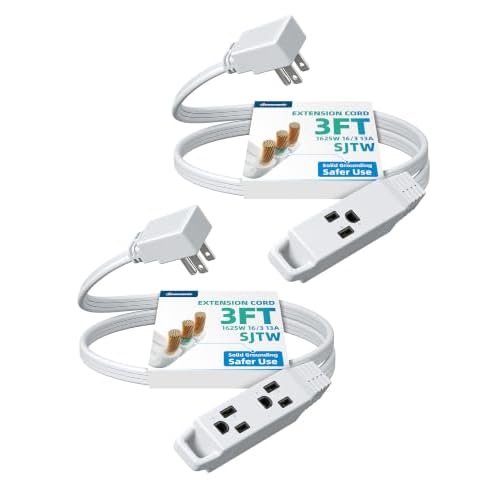 DEWENWILS 3 Outlet Extension Cord with Flat Plug, 3FT 16/3 Awg Grounded Power Cable for Indoor Use, SPT-3 Cord, White, ETL Listed, 2 Pack