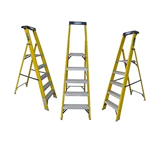 LADDERMAN 5 Step Platform FRP 184 cm for Home Use Self Supported Folding Type Electrical Shock-Free Fibreglass Safety Ladder (Yellow, Standard Size)