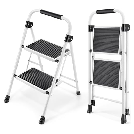 KINGRACK Trapladder 2 Treden met Leuning, Draagbare Vouwladder Vouwtrap met Antislip Voeten en Breed Trapje, Kleine Opstapkruk Inklapbaar Stabiel Huishoudtrap voor Thuis Keuken Kantoor, Wit