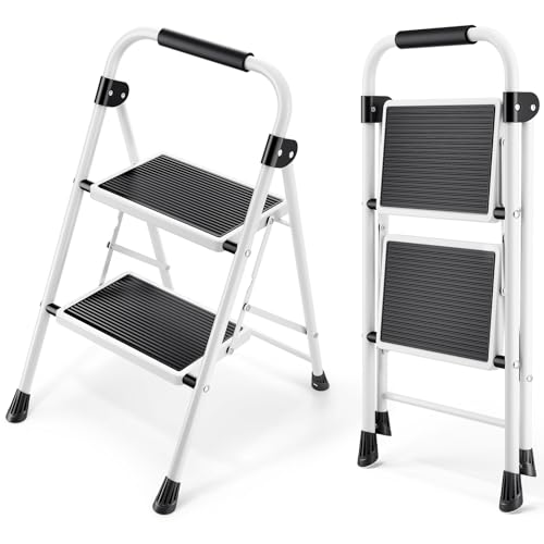 KINGRACK Escalera Plegable 2 peldaños, pedal antideslizante, ancho, asa, acero resistente, ligera y portátil, blanco