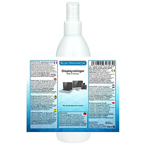 Blum Manufaktur Display-Reiniger - Bildschirm-Reinigung - PC-Reiniger inkl. Mikrofasertuch 30 x 30 cm - Screen Cleaner - Made in Germany - 250 ml