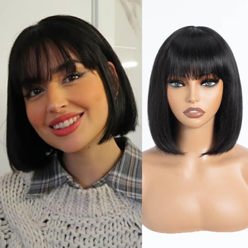 DÉBUT Peruka z prawdziwych włosów z grzywką, krótka peruka Bob Pixie 10A, brazylijskie ze włosy Remy, 25 cm, 103 g (25 cm, 1B)