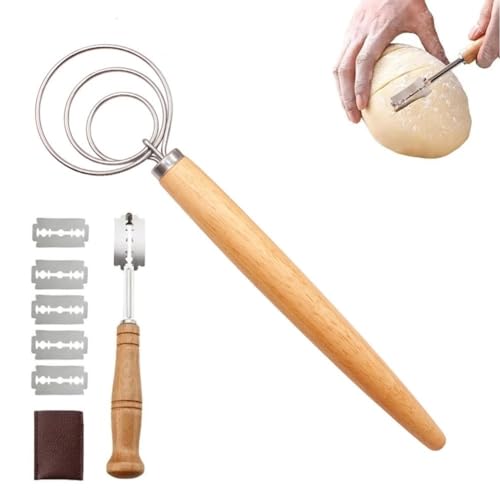 Danish Dough Whisk Bread Lame with 5 Blades and 1 Leather Cover 10" Dutch Bread Whisk Bread Mixer Stainless Steel Dutch Style Bread Dough Whisk with Wooden Handle for Sourdough, Pizza, Pastry, Cake