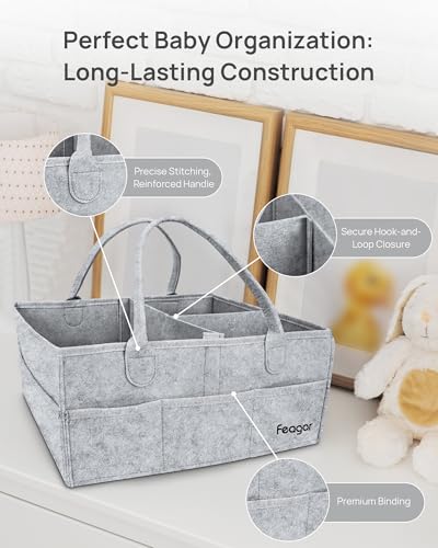 Image of Feagar Baby Diaper Caddy Organizer, 15 Inch Large with 8 Pockets & 2 Dividers, Portable Nursery Storage Basket & Car Organizer for Changing Table, Travel (Grey)