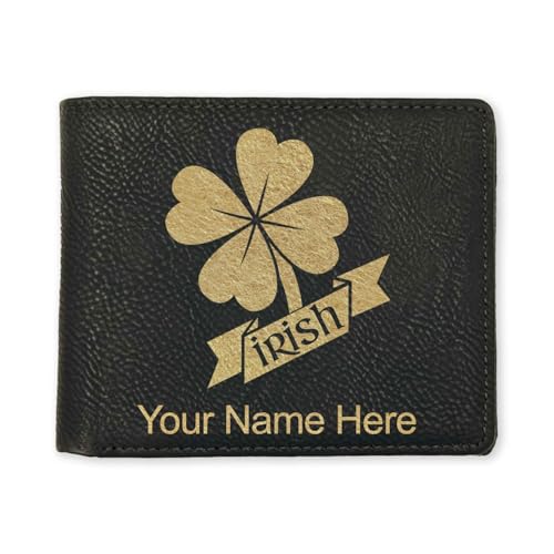 LaserGram Faux Leather Bi-Fold Wallet, Irish Clover, Personalized Engraving Included (Black with Gold)