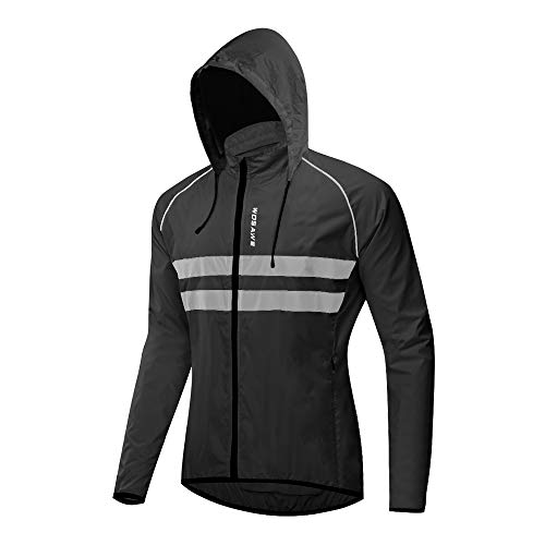WOSAWE Packable Cycling Jacket Hooded Running Coat Lightweight Biking Windbreaker, Black with Hood Medium
