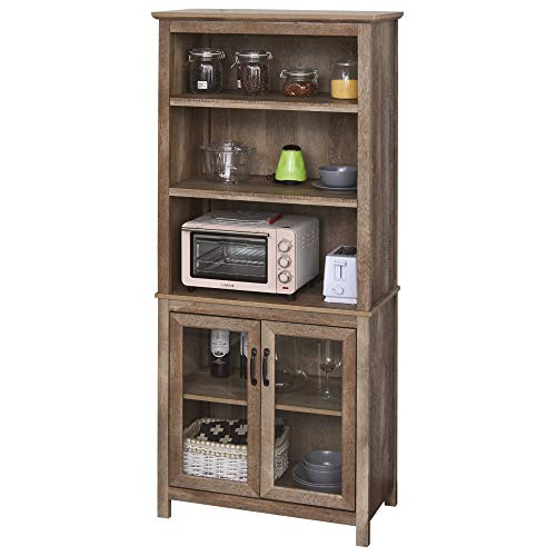 HOMCOM Mueble Auxiliar de Almacenaje con Puertas Vidrio Estante Abierto de 3 Niveles Estantes Ajustable Antivuelco Estantería Cocina Comedor 76x40x180 cm