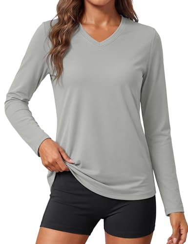 MAGCOMSEN SPF Shirts for Women Long Sleeve Workout Tops V-Neck UPF 50+ UV Sun Shirt Quick Dry Tees Swim Tops Light Grey L