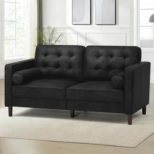 Image of 67 inch Suede Leather 2 Seater Sofa with Two Bolster Pillows, Black | Tufted Sofa with Wooden Legs, Mordern Couch for Living Room, Office, Apartment