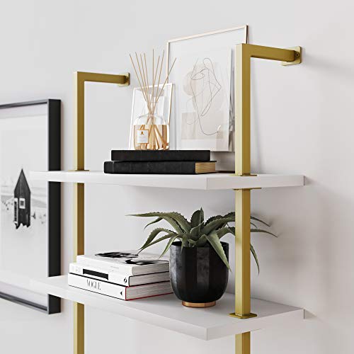 Nathan James Theo 2-Shelf Industrial Wall Mount Ladder Small Computer Or Writing Desk, White/Gold Brass #TOP4