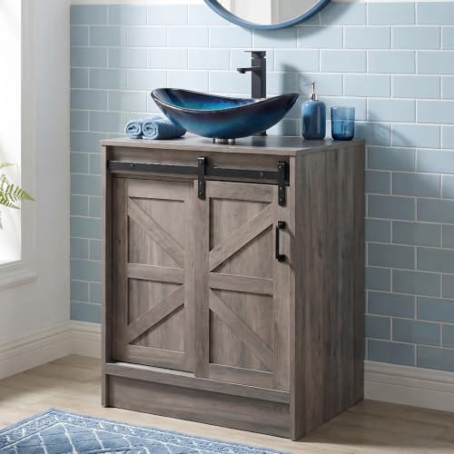 SOLIDEE 24" Farmhouse Bathroom Vanity with Sink, Bathroom Storage Cabinet with Sliding Barn Doors & Metal Handle, Freestanding Vanity with Tempered Blue Boat Glass Vessel Sink Combo Set