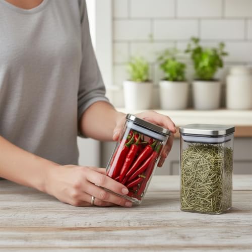 Image of ginoya brothers Airtight Borosilicate Glass Square Jar With Wooden Or Steel Lid Multi-Size, Container for Spices, Coffee, Grains, Snacks & Kitchen Organization (6, STEEL LID, 270 ML)