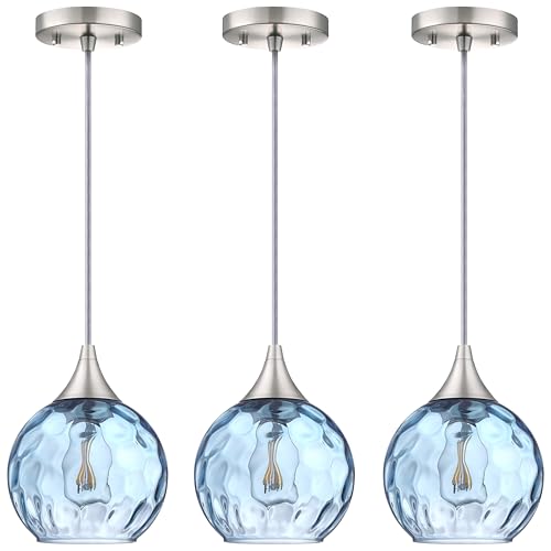 Dolaimy House 6.3" Texture Blue Glass Pendant Light 3 Pack Pendant Ceiling Light Fixture Brushed Nickel Finish Modern Farmhouse Dinning Over Sink Adjustable Height Cord